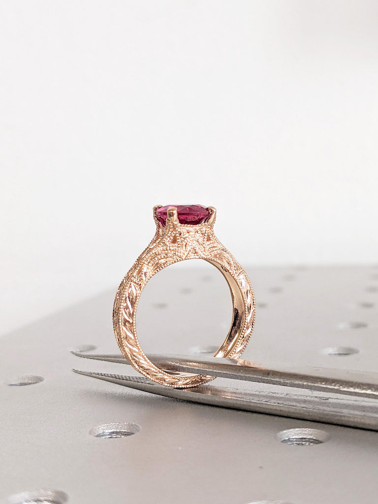 Ruby Engagement Ring, 14K Rose Gold Ring, Vintage Milgrain July Birthstone Ring