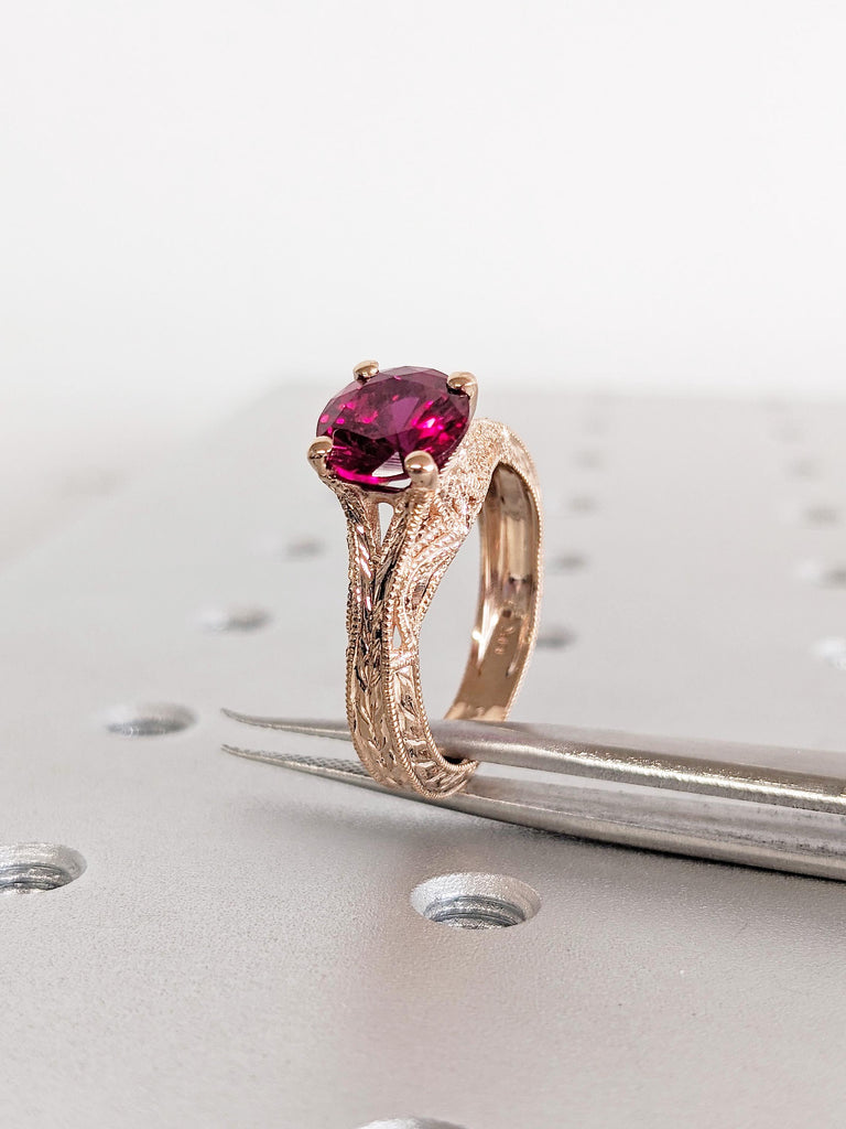 Ruby Engagement Ring, 14K Rose Gold Ring, Vintage Milgrain July Birthstone Ring