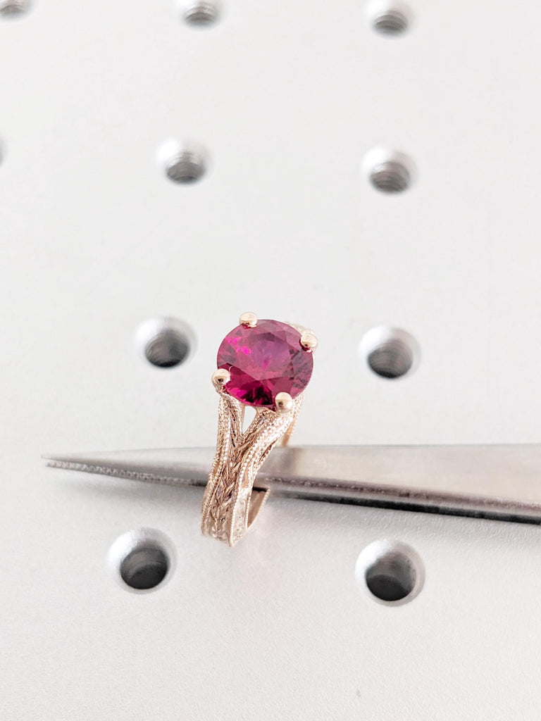 Ruby Engagement Ring, 14K Rose Gold Ring, Vintage Milgrain July Birthstone Ring