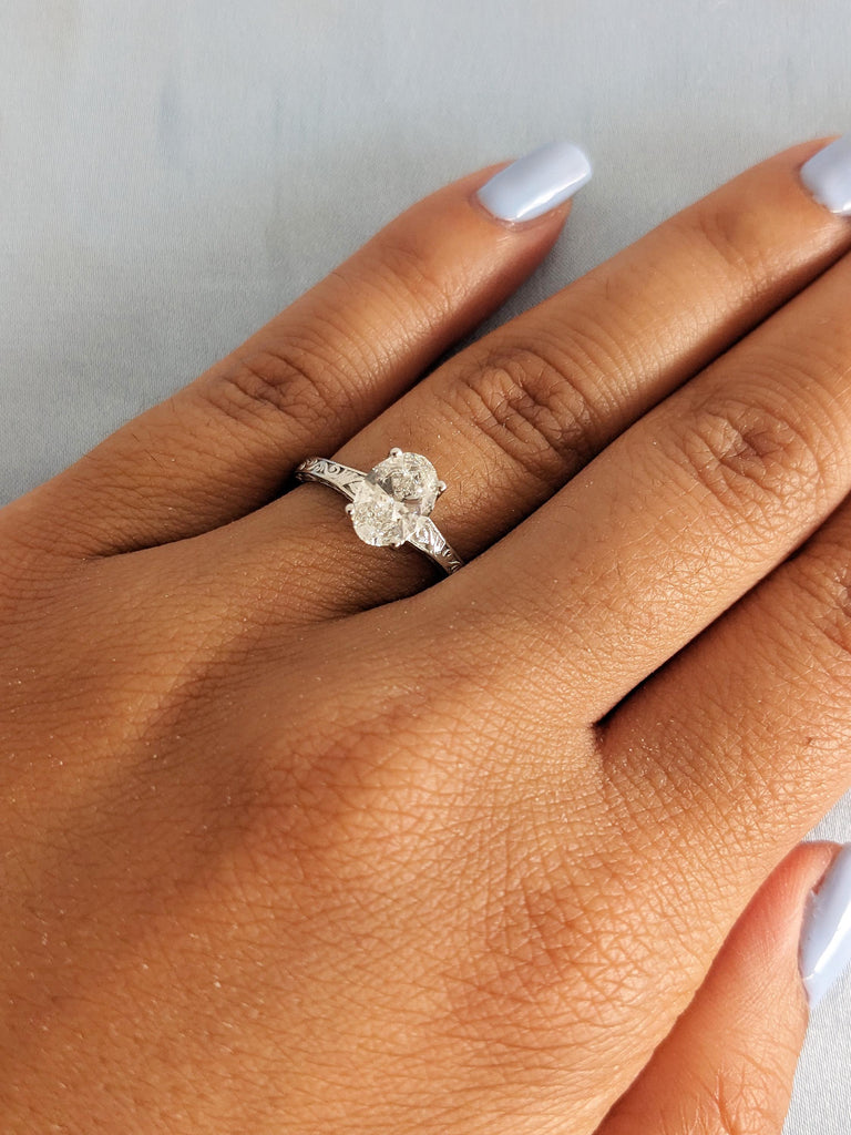 14K White Gold Raw Lab Diamond Engagement Ring, Vintage Oval Cut Diamond Filigree Wedding Band