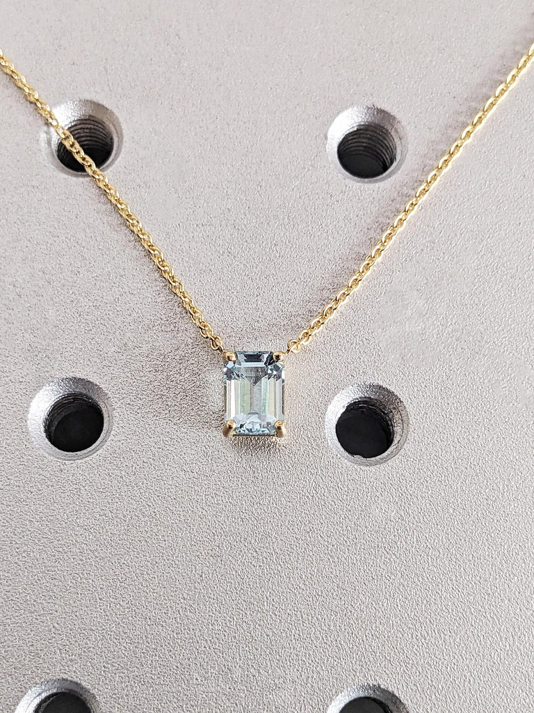 Custom Emerald Cut Lab Aquamarine Solitaire Necklace, 14K Solid Yellow Gold Pendant, Pisces Birthstone Necklace