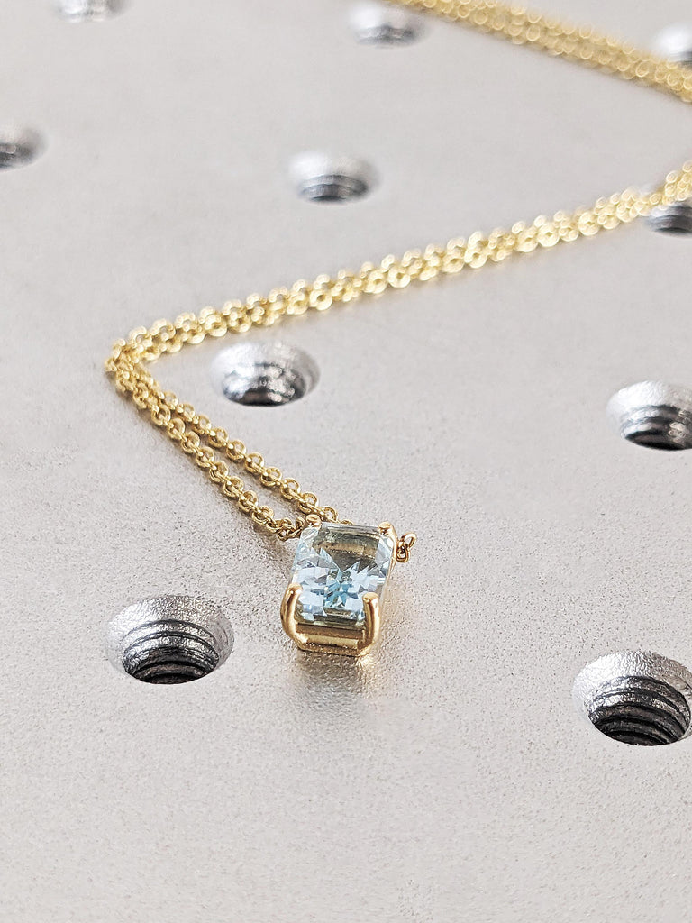 Custom Emerald Cut Lab Aquamarine Solitaire Necklace, 14K Solid Yellow Gold Pendant, Pisces Birthstone Necklace