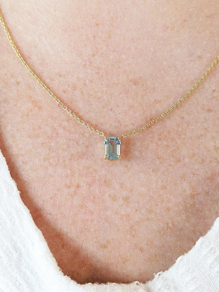 Emerald Cut Lab Aquamarine Floating Necklace, 18K Yellow Gold Lab Aquamarine Pendant, Custom Engagement Necklace, March Birthstone Jewelry