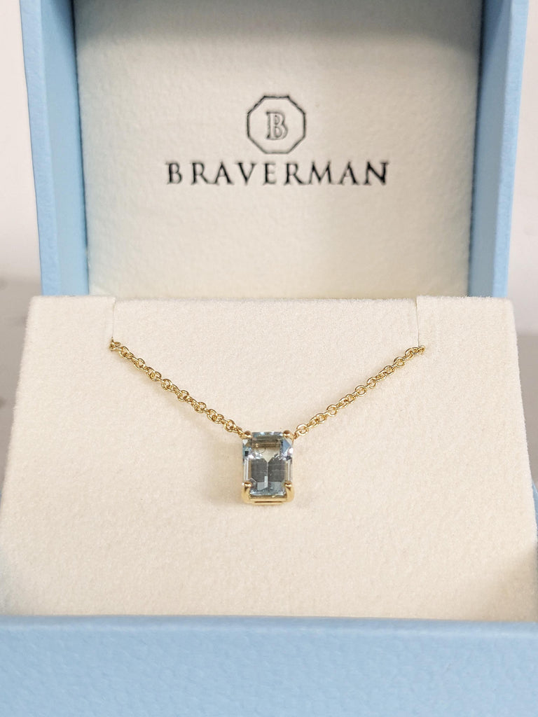 Custom Emerald Cut Lab Aquamarine Solitaire Necklace, 14K Solid Yellow Gold Pendant, Pisces Birthstone Necklace