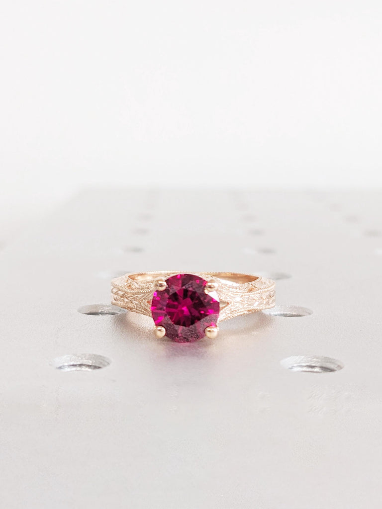 Ruby Engagement Ring, 14K Rose Gold Ring, Vintage Milgrain July Birthstone Ring