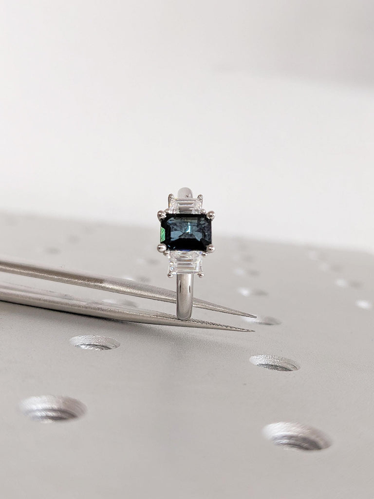 Three Stone Ring, Montana Sapphire Ring, Platinum Engagement Ring, Trapezoid Moissanite, Blue Green Sapphire Gemstone Ring, Anniversary Ring