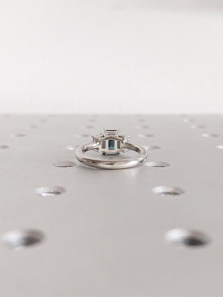 Three Stone Ring, Montana Sapphire Ring, Platinum Engagement Ring, Trapezoid Moissanite, Blue Green Sapphire Gemstone Ring, Anniversary Ring