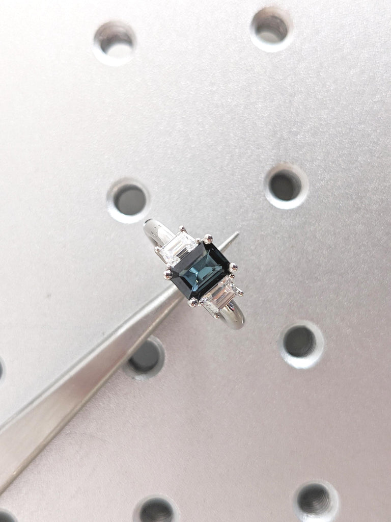 1ct Emerald Cut Peacock Sapphire Engagement Ring, Trapezoid Diamond, Platinum Sapphire Ring