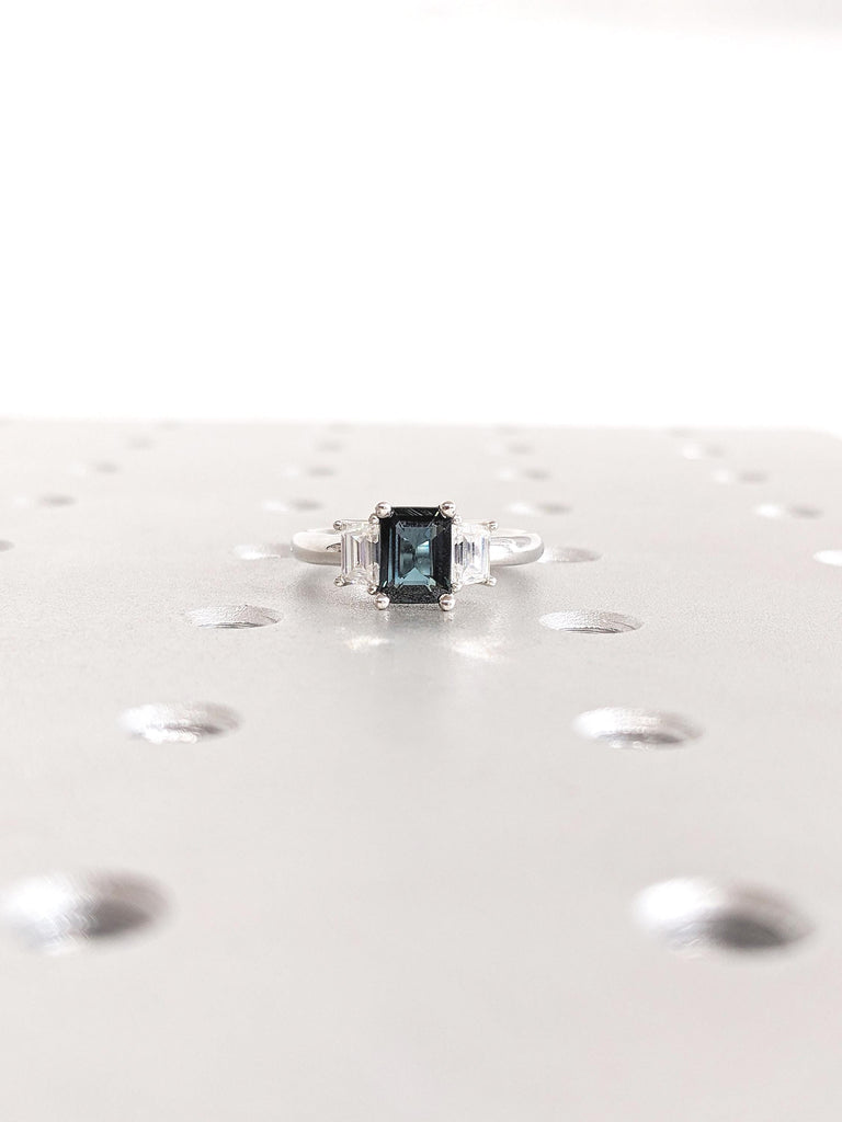 Three Stone Ring, Montana Sapphire Ring, Platinum Engagement Ring