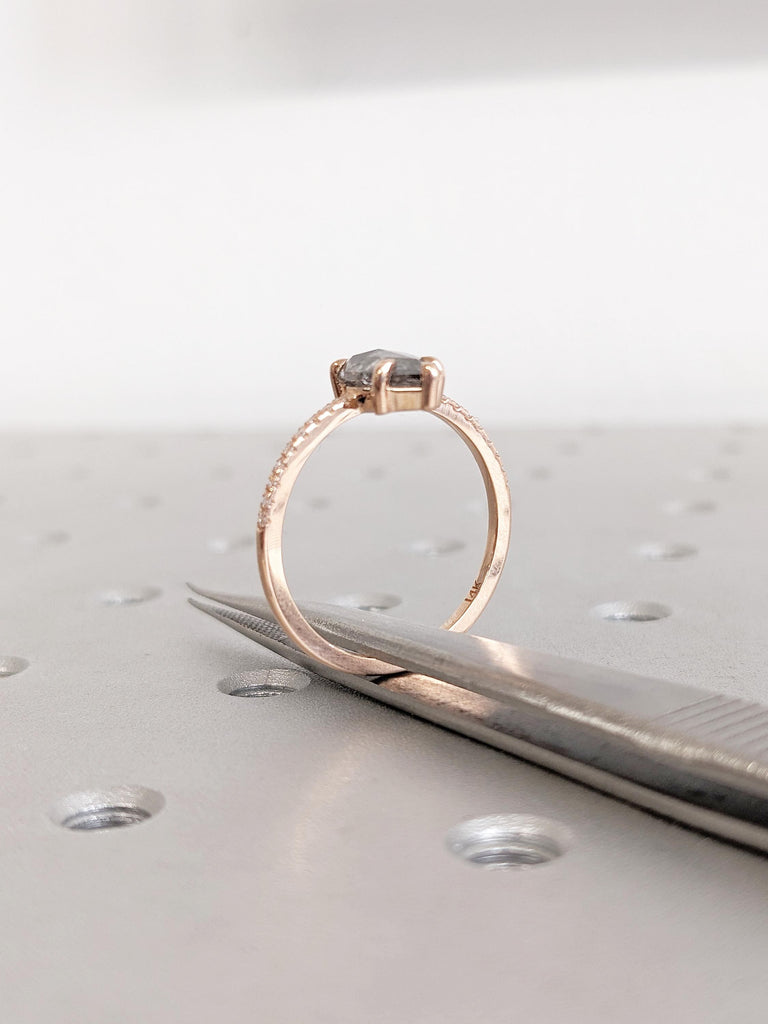 Rose Cut Diamond Ring, Pear Engagement Ring, Rose Gold Ring, Half Eternity Salt and Pepper Ring