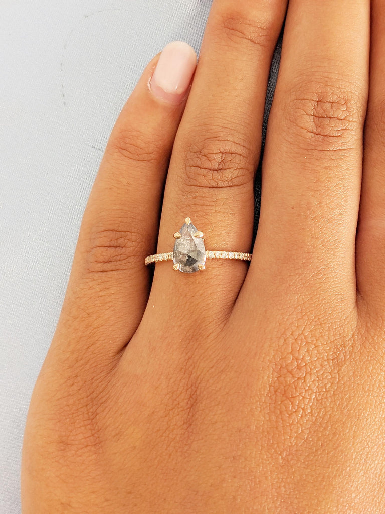 Salt and Pepper Diamond Engagement Ring, Pear Shaped Ring, 14k Rose Gold Wedding Ring, Half Eternity Diamond Ring, Rose Cut Ring, Pear Ring