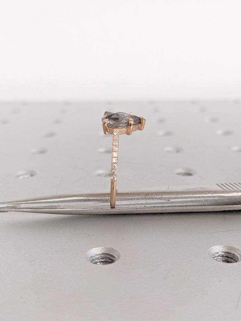 Rose Cut Diamond Ring, Pear Engagement Ring, Rose Gold Ring, Half Eternity Salt and Pepper Ring