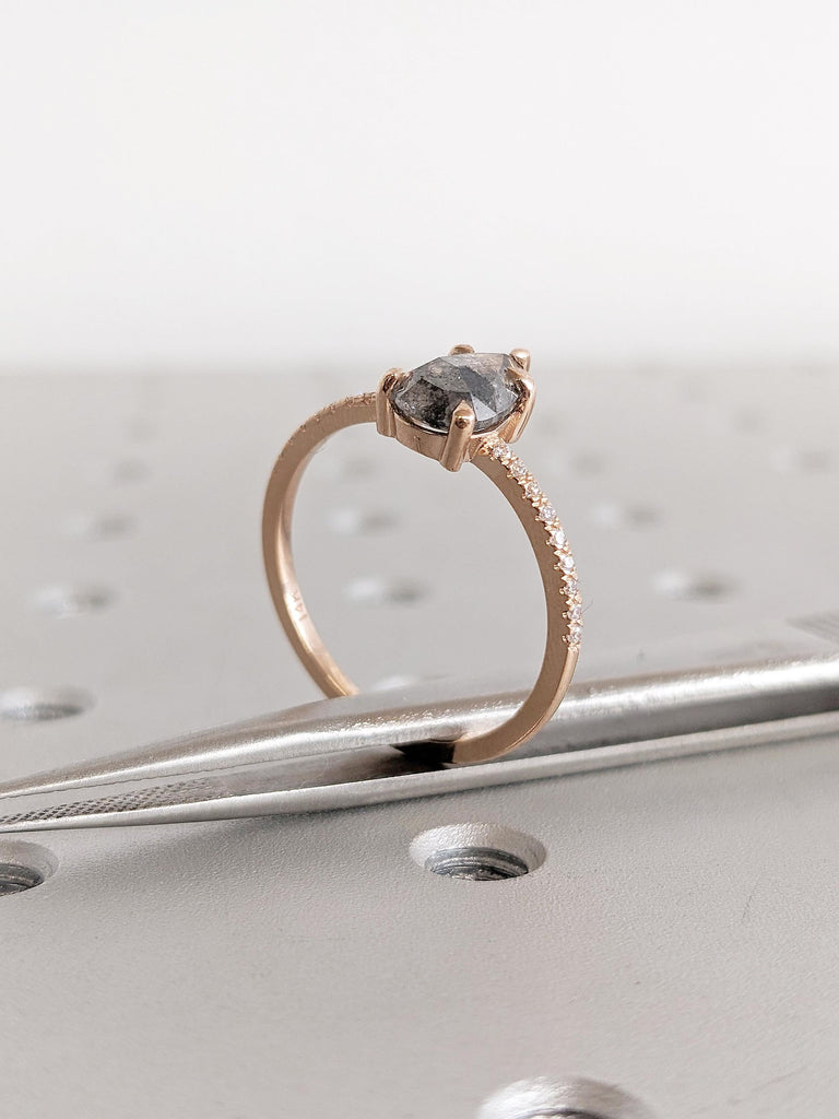 Salt and Pepper Diamond Engagement Ring, Pear Shaped Ring, 14k Rose Gold Wedding Ring, Half Eternity Diamond Ring, Rose Cut Ring, Pear Ring
