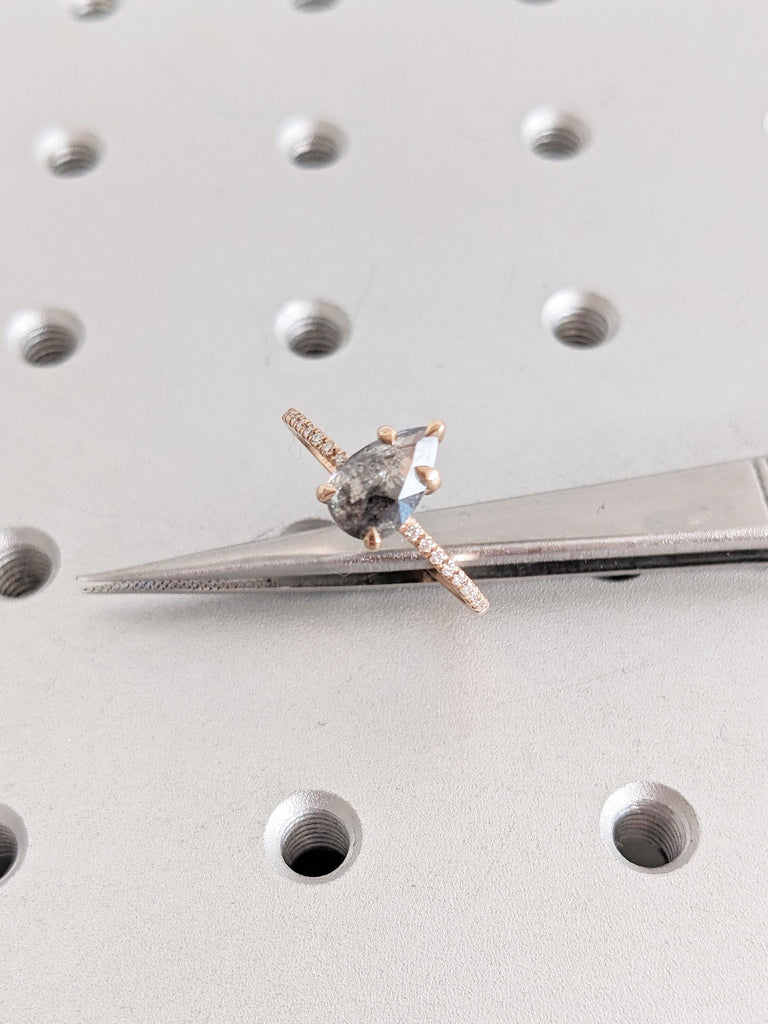Salt and Pepper Diamond Engagement Ring, Pear Shaped Ring, 14k Rose Gold Wedding Ring, Half Eternity Diamond Ring, Rose Cut Ring, Pear Ring