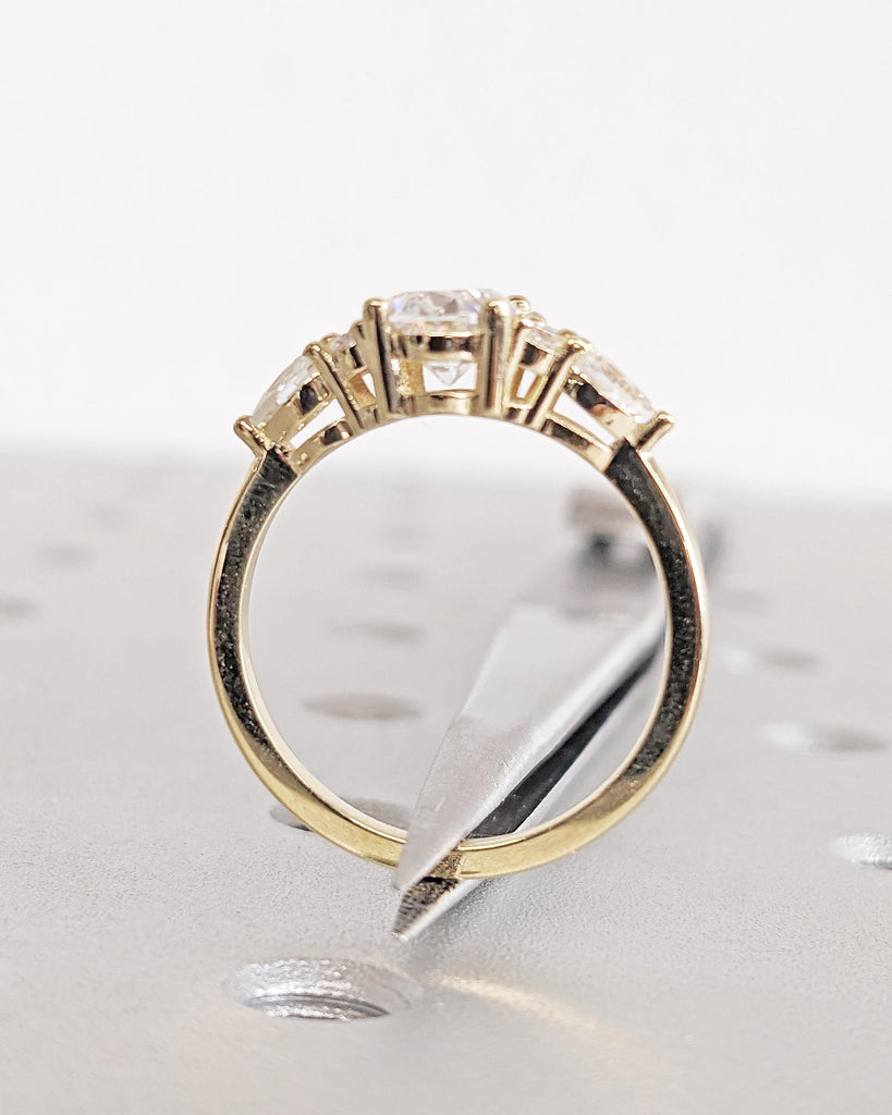 Vintage Oval Lab Diamond Engagement Ring: IGI Certified Lab Grown Diamond, Pear and Round Cluster Art Deco Wedding Ring, 14K Yellow Gold