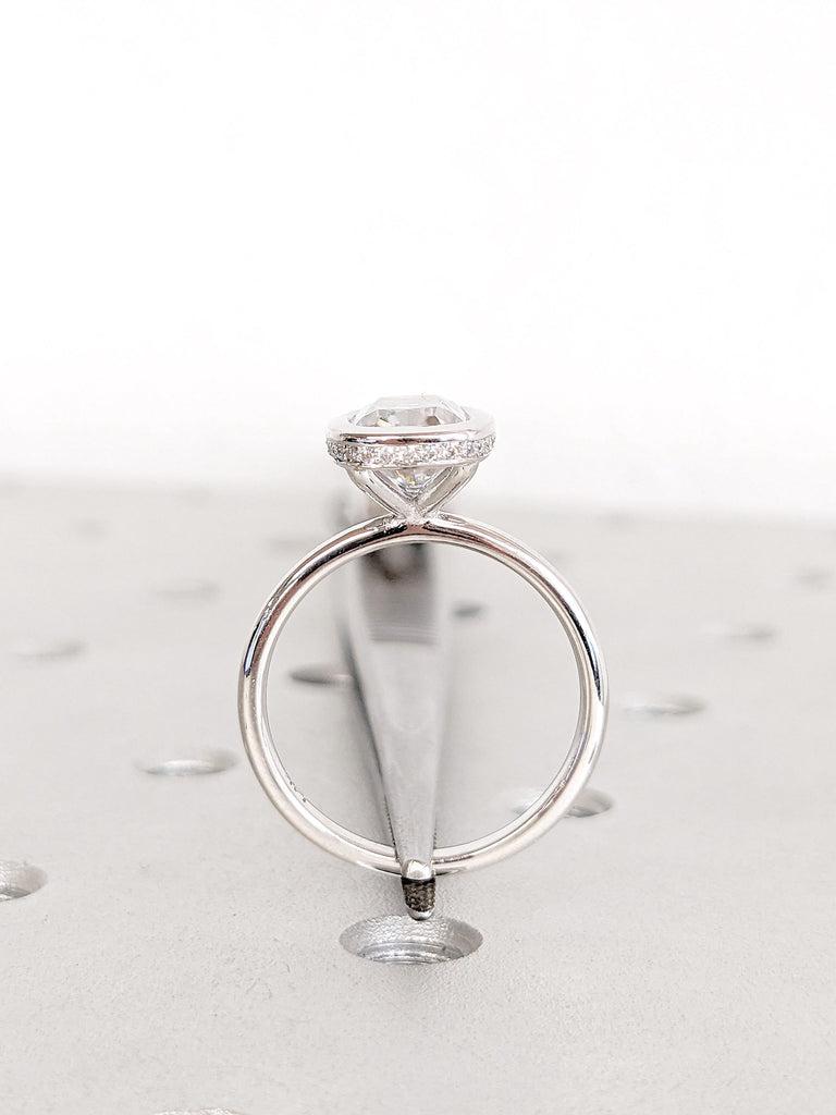 Cushion Cut Moissanite Ring | 14K White Gold Ring | Bezel Set Hidden Halo Solitaire Ring | Art Deco Moissanite Engagement Ring For Her