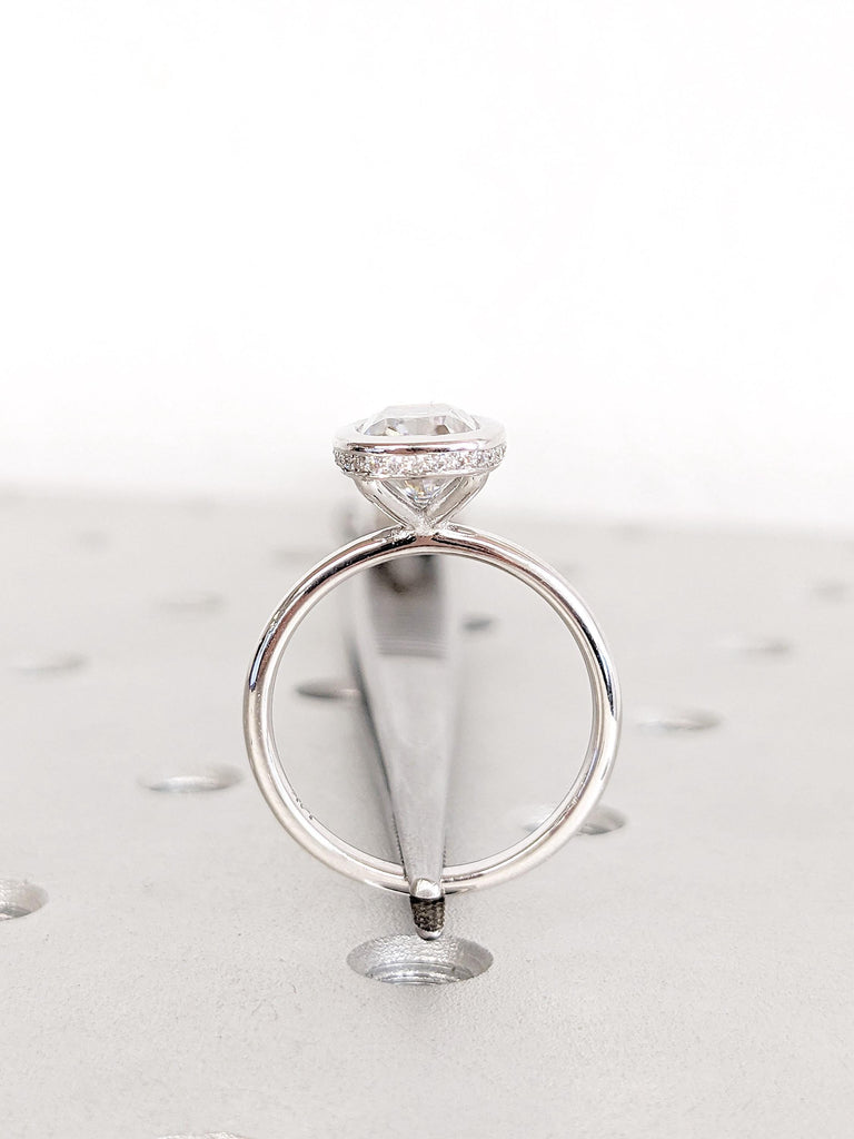 Cushion Cut Moissanite Engagement Ring: Bezel Set Hidden Halo Solitaire, 14K White Gold Art Deco Ring