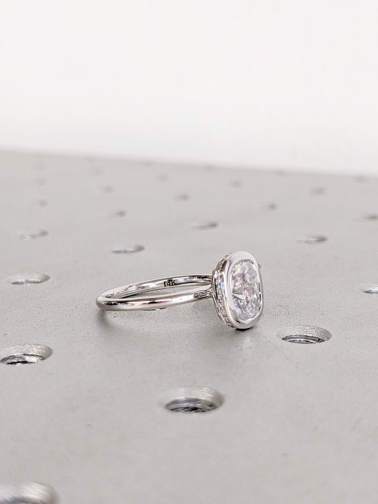 Cushion Cut Moissanite Ring | 14K White Gold Ring | Bezel Set Hidden Halo Solitaire Ring | Art Deco Moissanite Engagement Ring For Her