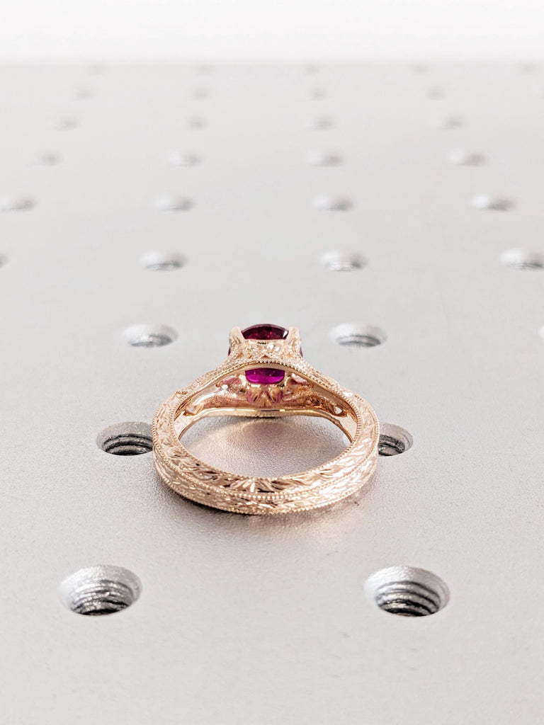 Ruby Engagement Ring, 14K Rose Gold Ring, Vintage Milgrain July Birthstone Ring
