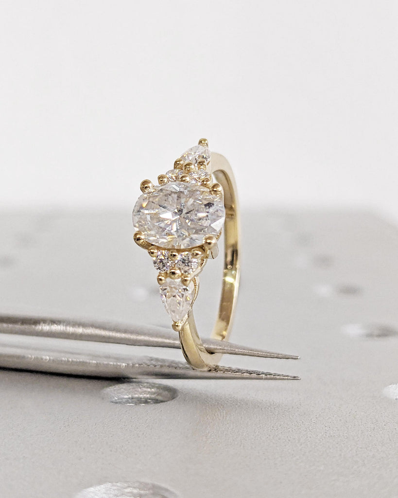 Vintage Oval Lab Diamond Engagement Ring: IGI Certified Lab Grown Diamond, Pear and Round Cluster Art Deco Wedding Ring, 14K Yellow Gold