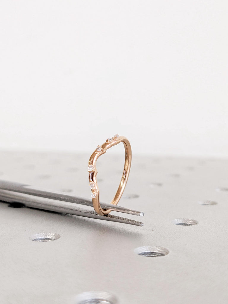 14K Rose Gold Diamond Wedding Band, Round Cut 6-Stone Prong Set Matching Ring