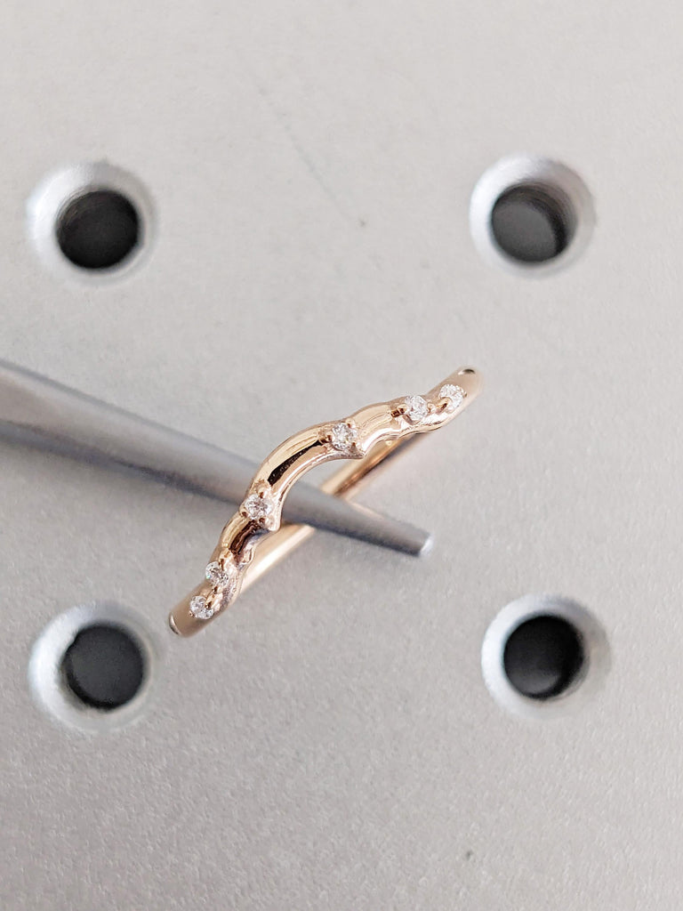 14K Rose Gold Diamond Wedding Band, Round Cut 6-Stone Prong Set Matching Ring