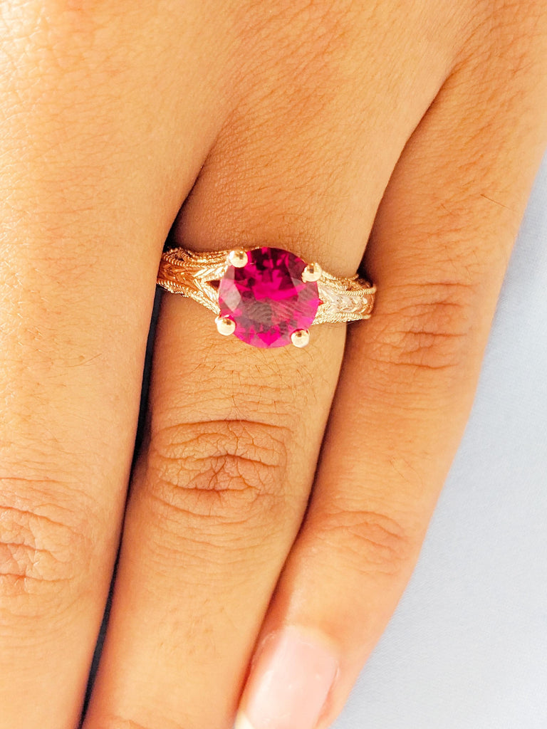 Ruby Engagement Ring, 14K Rose Gold Ring, Vintage Milgrain July Birthstone Ring