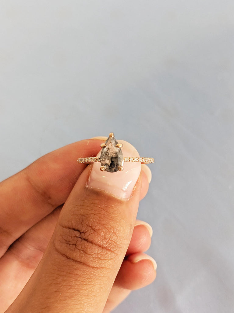 Rose Cut Diamond Ring, Pear Engagement Ring, Rose Gold Ring, Half Eternity Salt and Pepper Ring