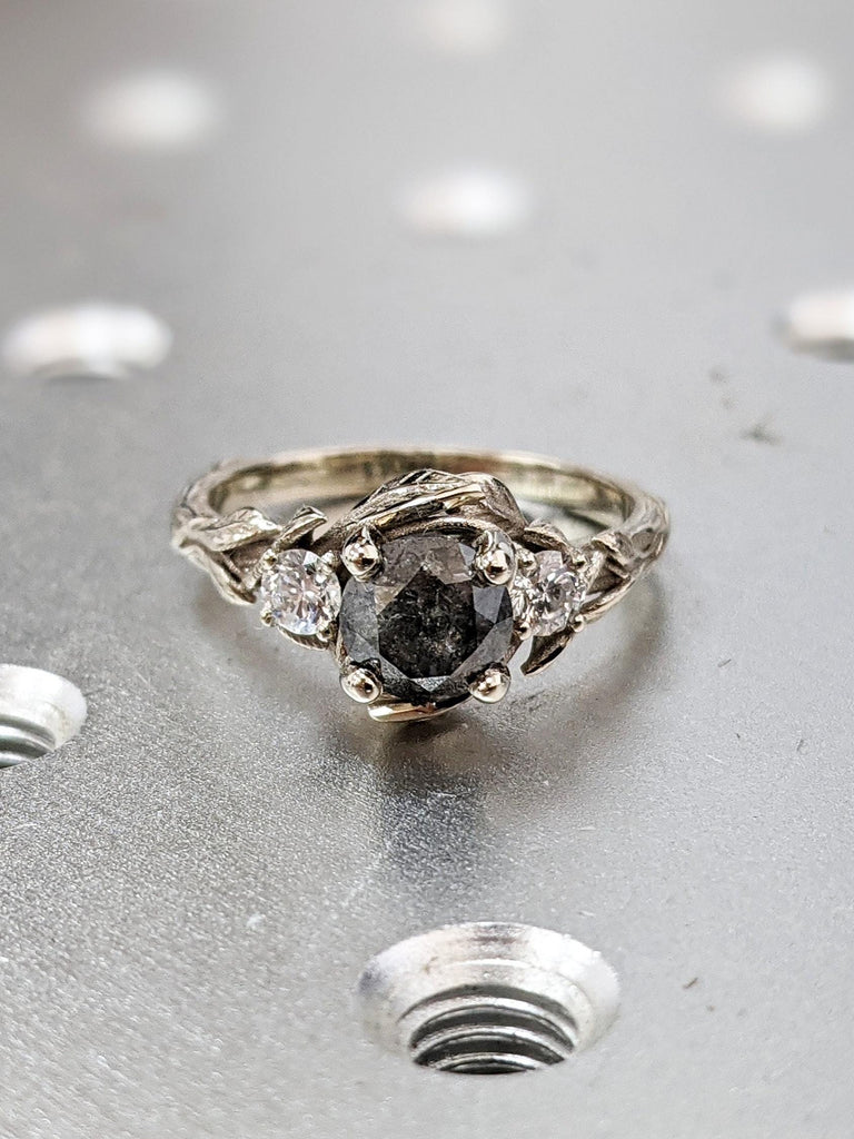 Nature Inspired 14k White Gold Rustic Engagement Ring | Round cut Salt and Pepper Black Diamond Ring for Women | Handmade Leaf and Twig Ring