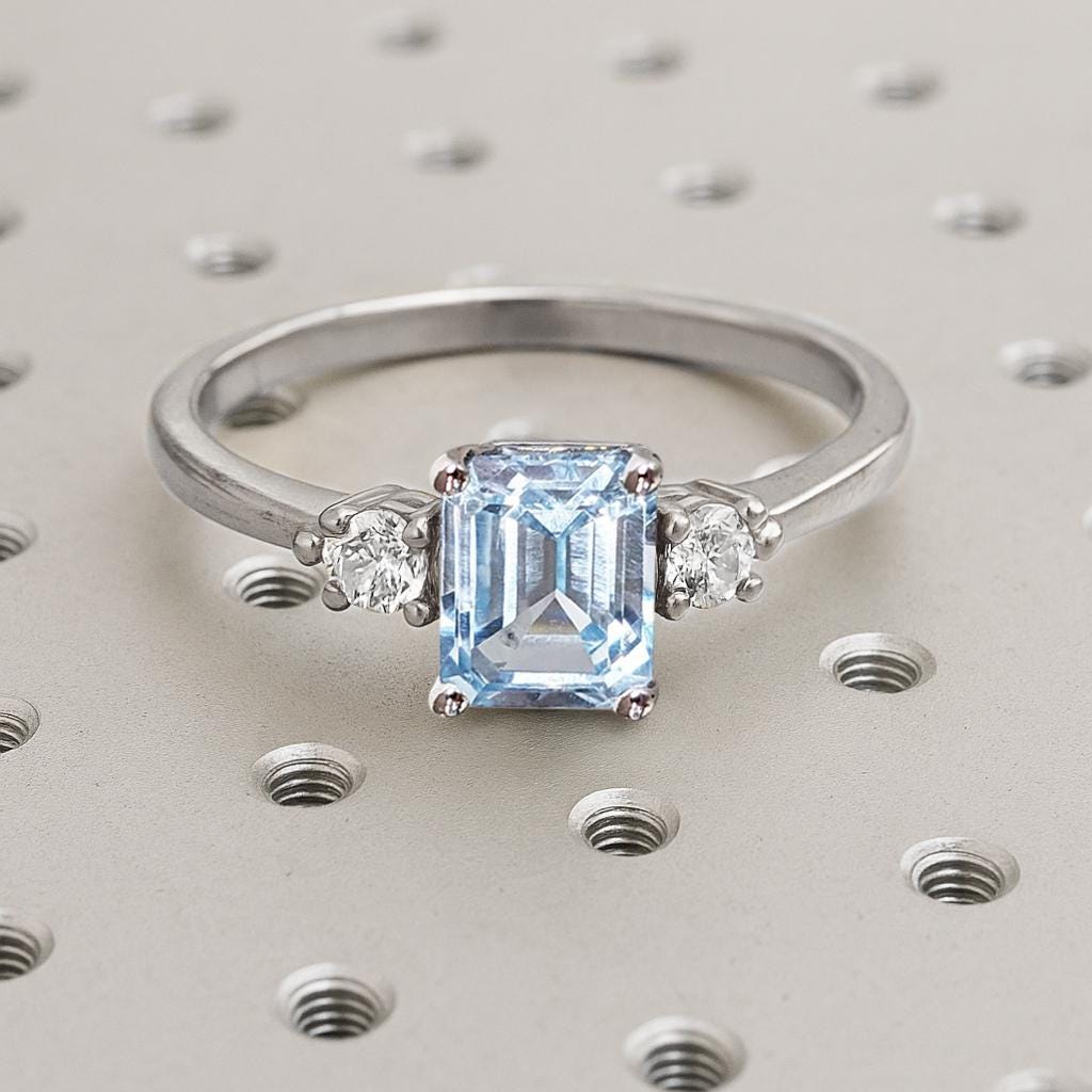 Emerald Cut Lab Aquamarine Ring, 14k White Gold Engagement Ring