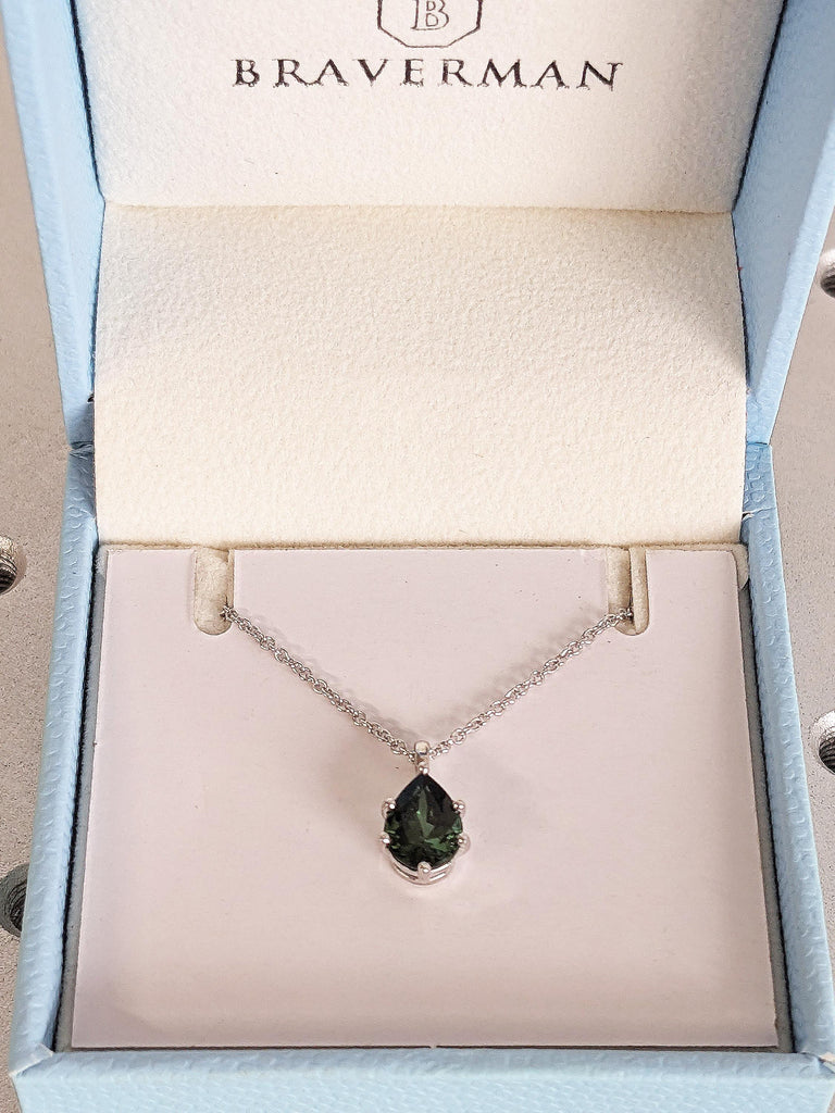 Solitaire Pear Cut Green Tourmaline Necklace, Teardrop Pendant, 14K 18K White Gold Custom Jewelry, Bridal Wedding Necklace, Everyday Pendant