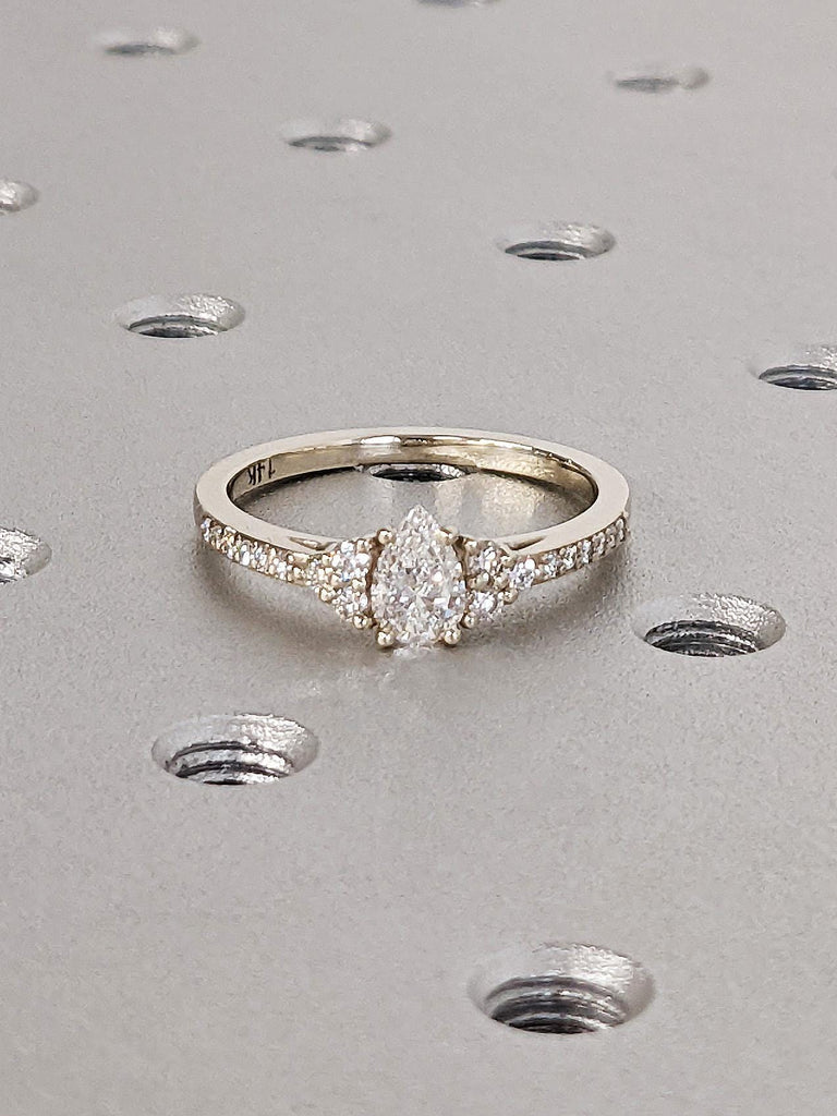 Elegant Pear Cut Moissanite Engagement Ring, 14K Solid White Gold Teardrop Moissanite Cluster Ring, Thin Pavé White Diamond Wedding Band