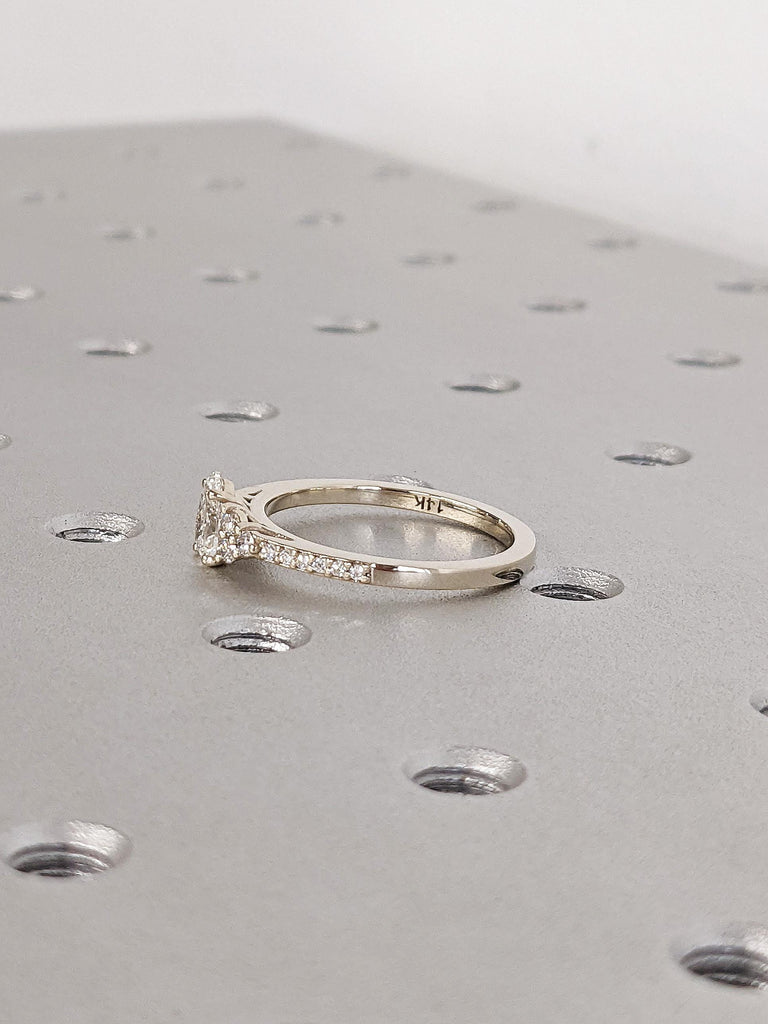 Elegant Pear Cut Moissanite Engagement Ring, 14K Solid White Gold Teardrop Moissanite Cluster Ring, Thin Pavé White Diamond Wedding Band
