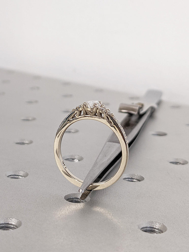 Elegant Pear Cut Moissanite Engagement Ring, 14K Solid White Gold Teardrop Moissanite Cluster Ring, Thin Pavé White Diamond Wedding Band