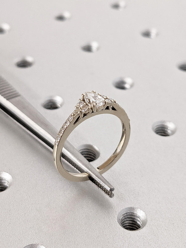 Elegant Pear Cut Moissanite Engagement Ring, 14K Solid White Gold Teardrop Moissanite Cluster Ring, Thin Pavé White Diamond Wedding Band