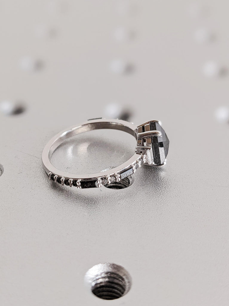 Unique 14K White Gold Hexagon Cut Salt and Pepper Diamond Engagement Ring, Round Baguette Diamond Wedding Band