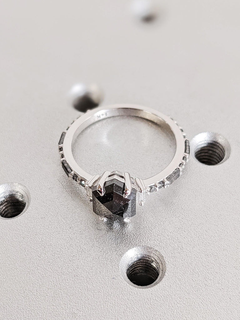 Unique Raw Salt and Pepper Diamond Wedding Ring, Vintage 14K White Gold Round Baguette Diamond Ring, Custom Engagement Ring, Gift For Her