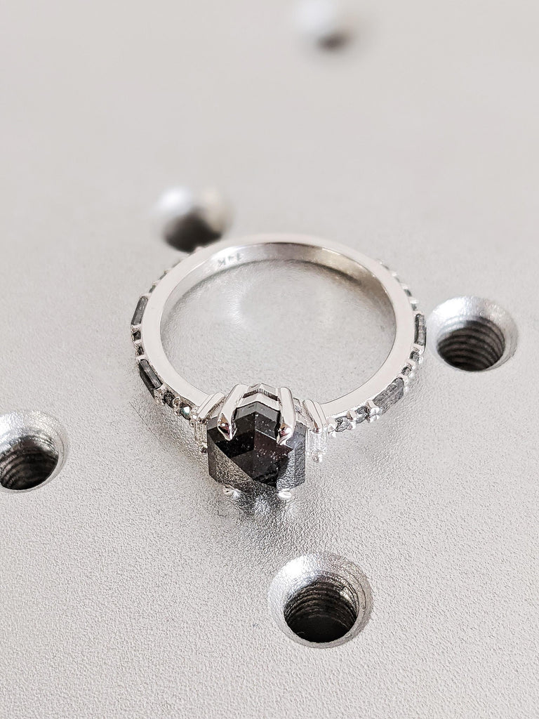 Unique 14K White Gold Hexagon Cut Salt and Pepper Diamond Engagement Ring, Round Baguette Diamond Wedding Band