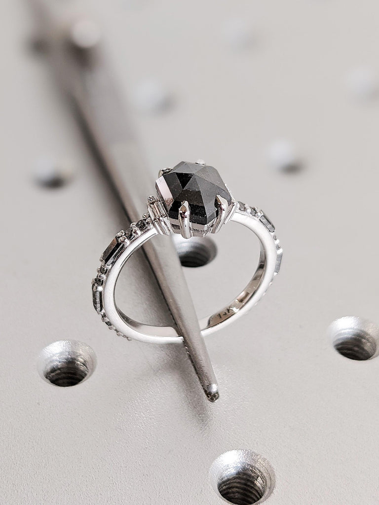 Unique 14K White Gold Hexagon Cut Salt and Pepper Diamond Engagement Ring, Round Baguette Diamond Wedding Band