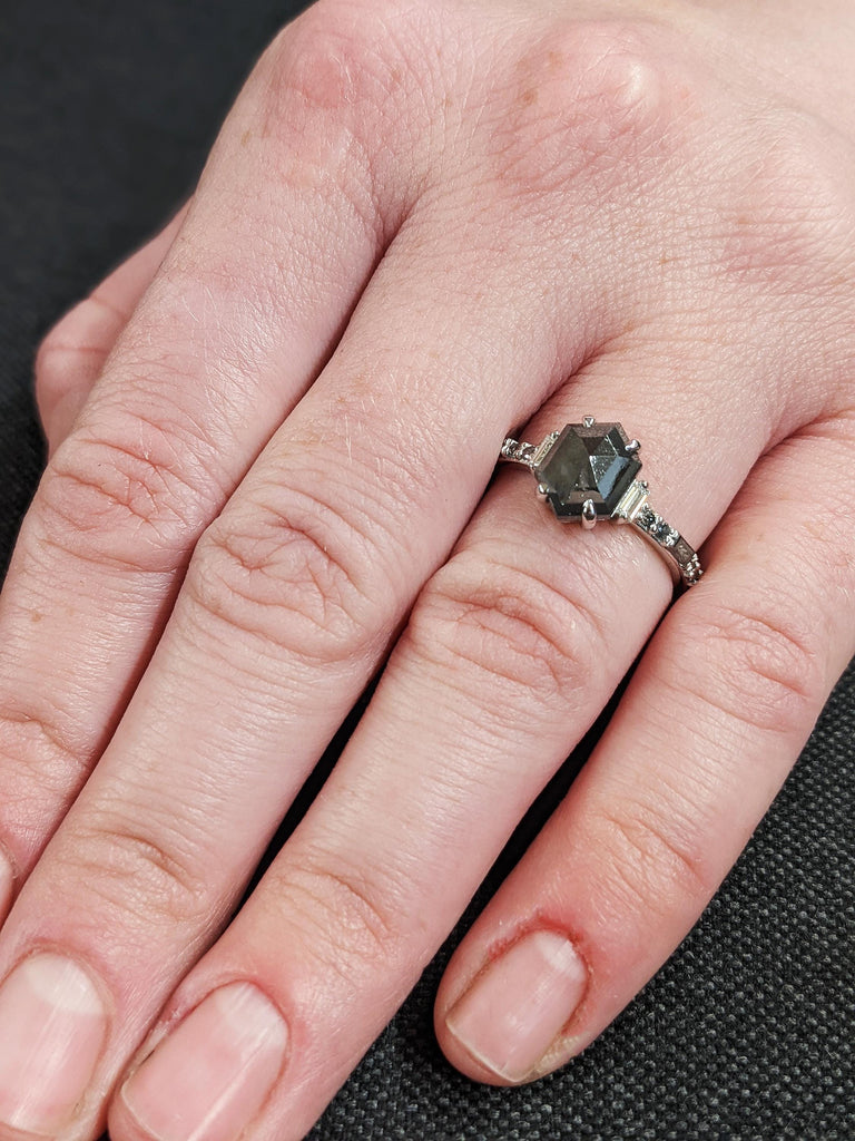 Unique Raw Salt and Pepper Diamond Wedding Ring, Vintage 14K White Gold Round Baguette Diamond Ring, Custom Engagement Ring, Gift For Her