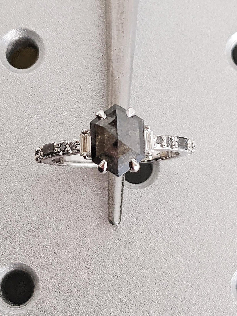 Unique Raw Salt and Pepper Diamond Wedding Ring, Vintage 14K White Gold Round Baguette Diamond Ring, Custom Engagement Ring, Gift For Her