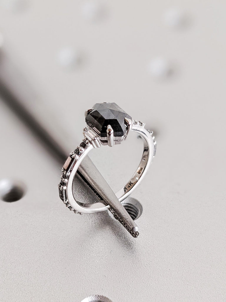 Unique 14K White Gold Hexagon Cut Salt and Pepper Diamond Engagement Ring, Round Baguette Diamond Wedding Band