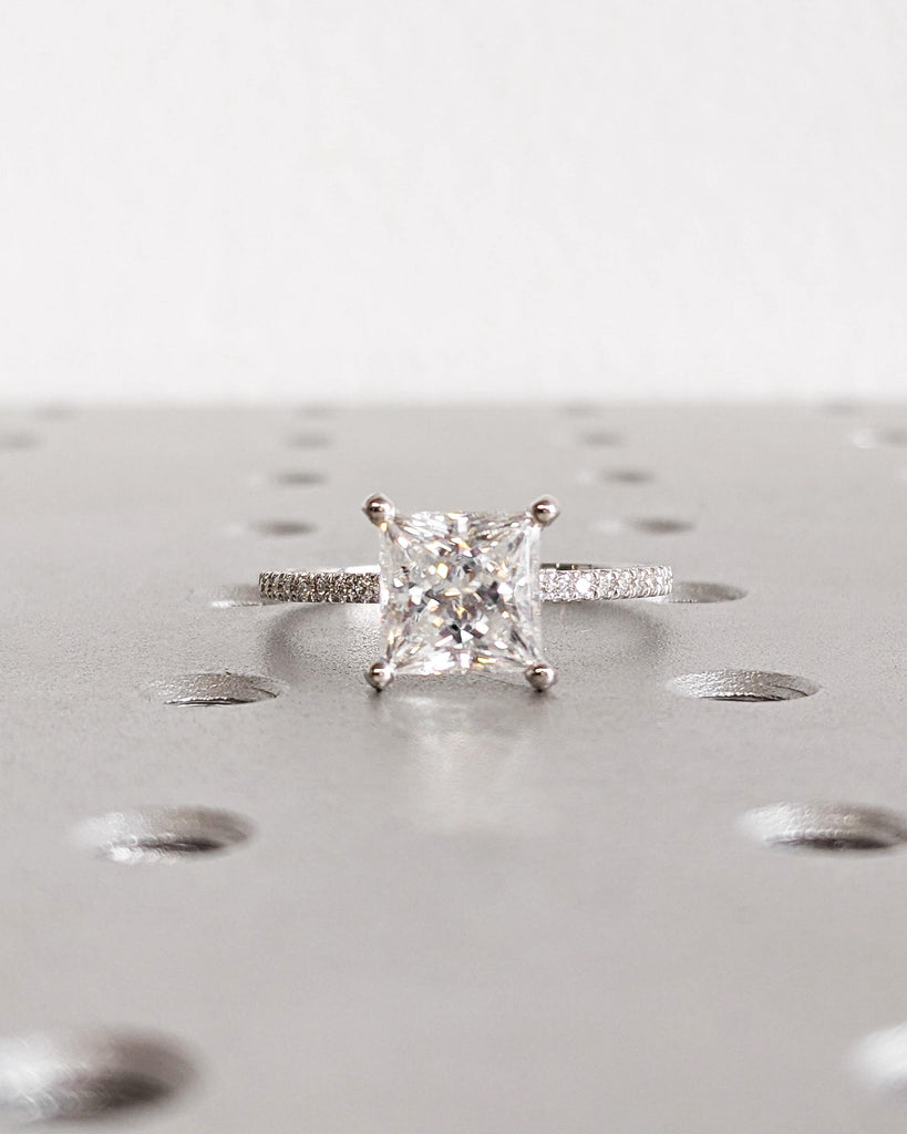 2CT Princess Cut IGI Certified Lab Grown Diamond Engagement Ring • 14K White Gold Solitaire Diamond Ring • Dainty Band Pave Wedding Ring