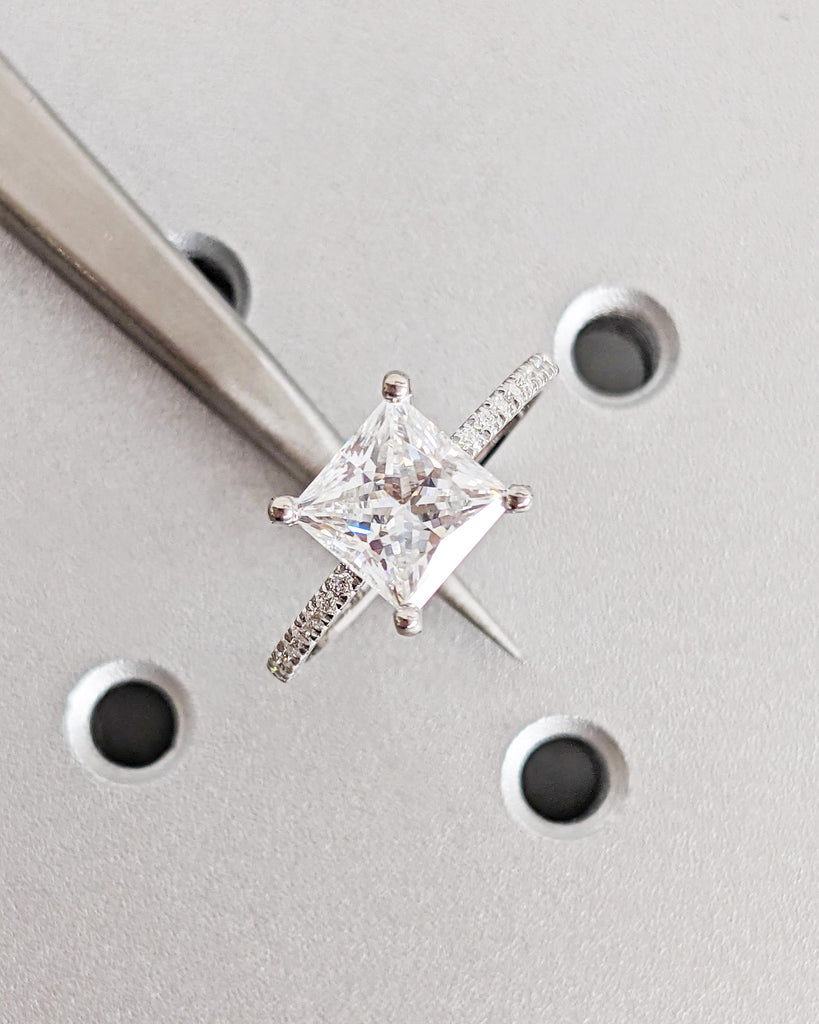 2CT Princess Cut IGI Certified Lab Grown Diamond Engagement Ring • 14K White Gold Solitaire Diamond Ring • Dainty Band Pave Wedding Ring