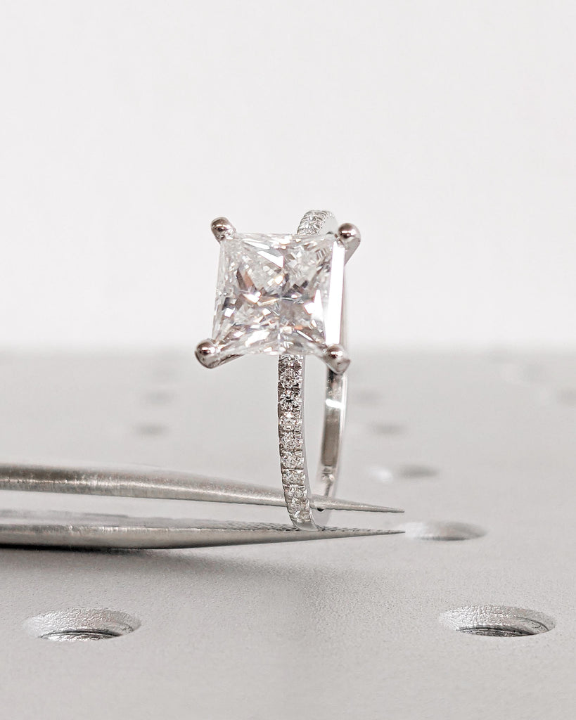 2CT Princess Cut IGI Certified Lab Grown Diamond Engagement Ring • 14K White Gold Solitaire Diamond Ring • Dainty Band Pave Wedding Ring