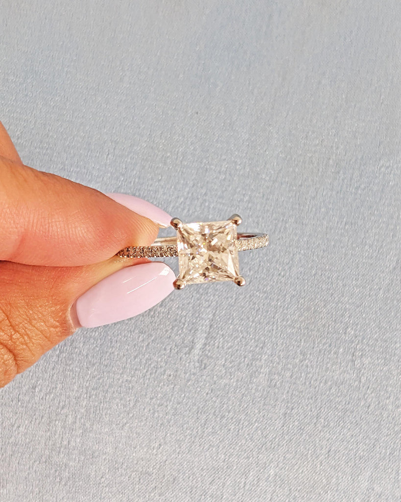 2CT Princess Cut IGI Certified Lab Grown Diamond Engagement Ring • 14K White Gold Solitaire Diamond Ring • Dainty Band Pave Wedding Ring