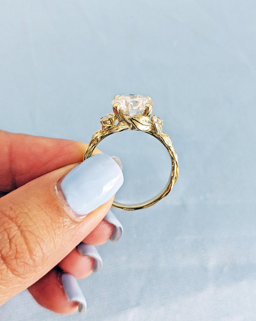Nature Leaf Engagement Ring: 3CT Round Cut Lab Grown Diamond, Vine Branch Leaf Flower Ring, Alternative Promise Ring, 14K Yellow Gold