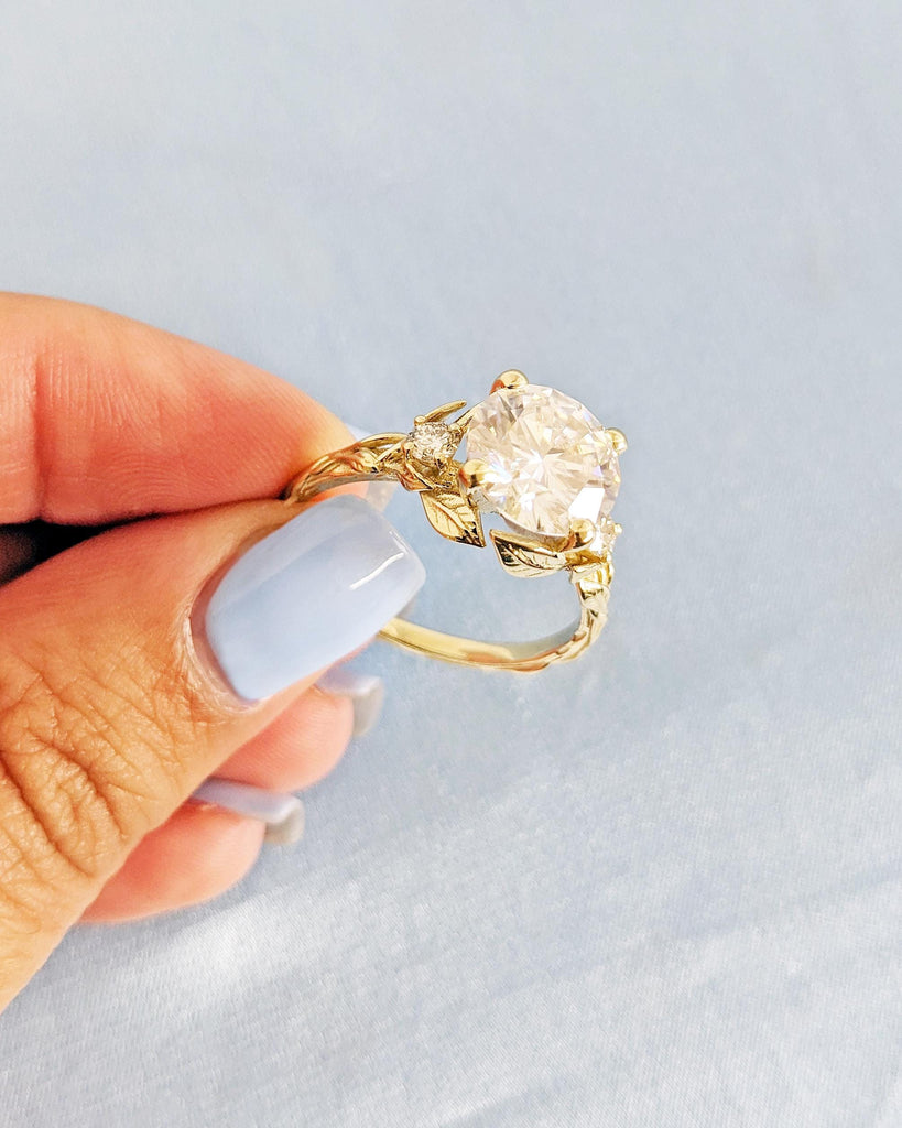 Nature Leaf Engagement Ring: 3CT Round Cut Lab Grown Diamond, Vine Branch Leaf Flower Ring, Alternative Promise Ring, 14K Yellow Gold