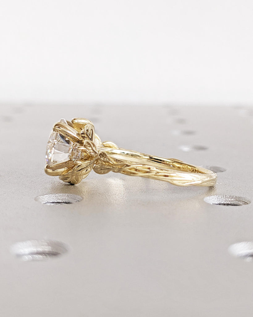 Nature Leaf Engagement Ring: 3CT Round Cut Lab Grown Diamond, Vine Branch Leaf Flower Ring, Alternative Promise Ring, 14K Yellow Gold