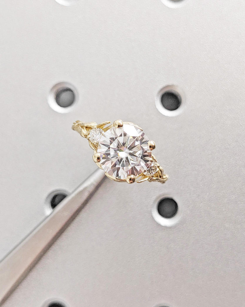 Nature Leaf Engagement Ring: 3CT Round Cut Lab Grown Diamond, Vine Branch Leaf Flower Ring, Alternative Promise Ring, 14K Yellow Gold